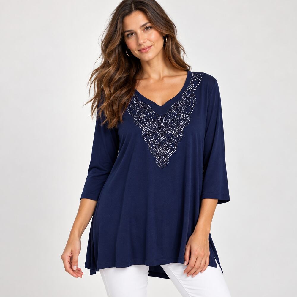 Susan Graver Liquid Knit Blouse Women's Size 3X Navy Embellished Neckline Office